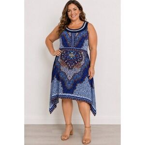 Studio One New York 18W Blue Paisley Handkerchief Hem Beaded Sleeveless Dress